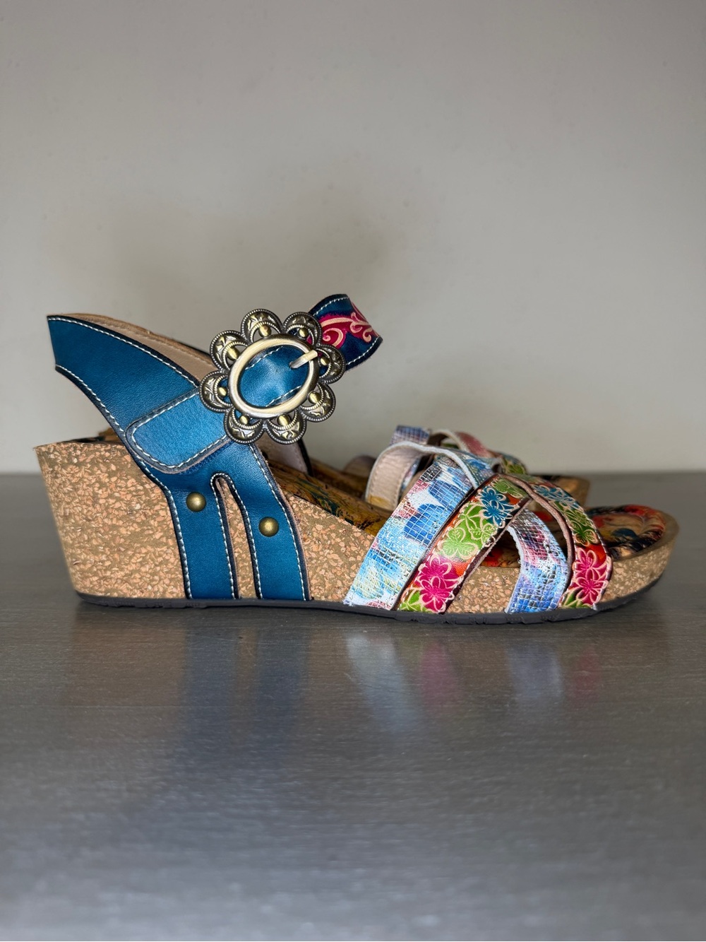 L'Artiste Audrie Spring Step Floral Strappy Leather Cork Wedge Sandals US 7 - Picture 2 of 11